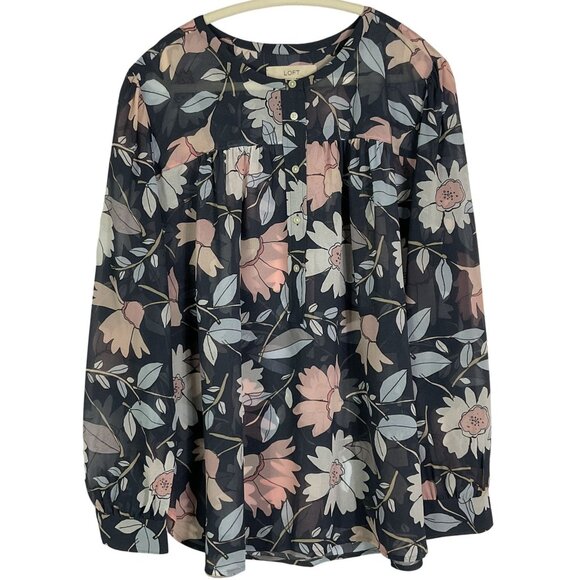 LOFT Floral Blouse with pink and blue accents, Sheer, XL, 100% Polyester - Picture 1 of 10